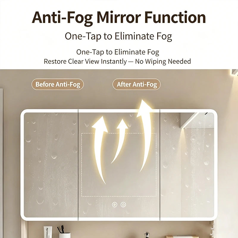 Nordic European Style LED Anti-Fog Wall Mount Smart Bathroom Mirror Cabinet
