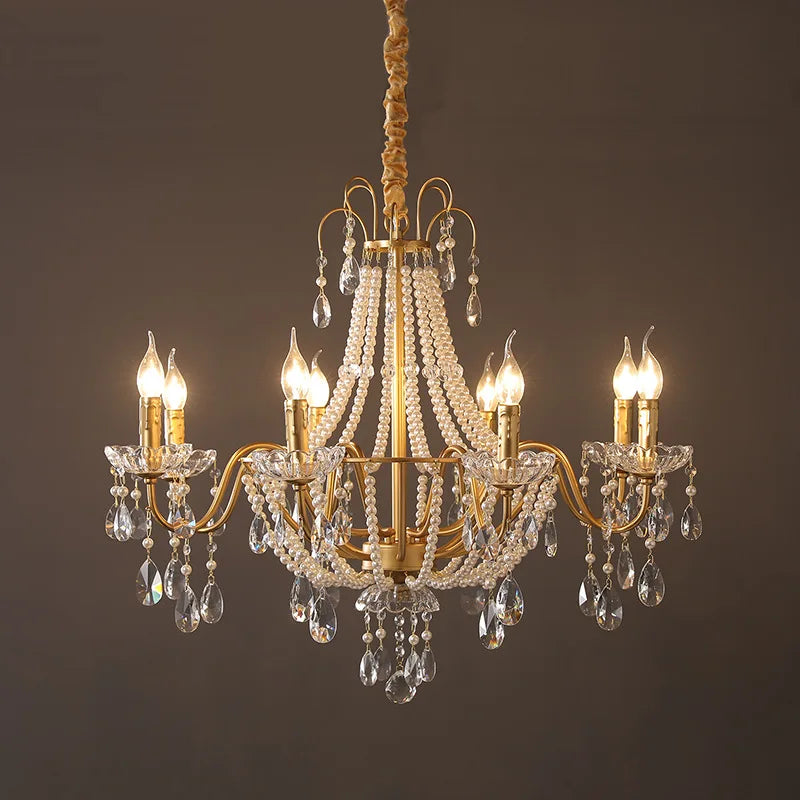 American Crystal Lamp French Retro Style Pearl Chandelier Middle Villa for Living Room Dining Room Bedroom Duplex Chandelier