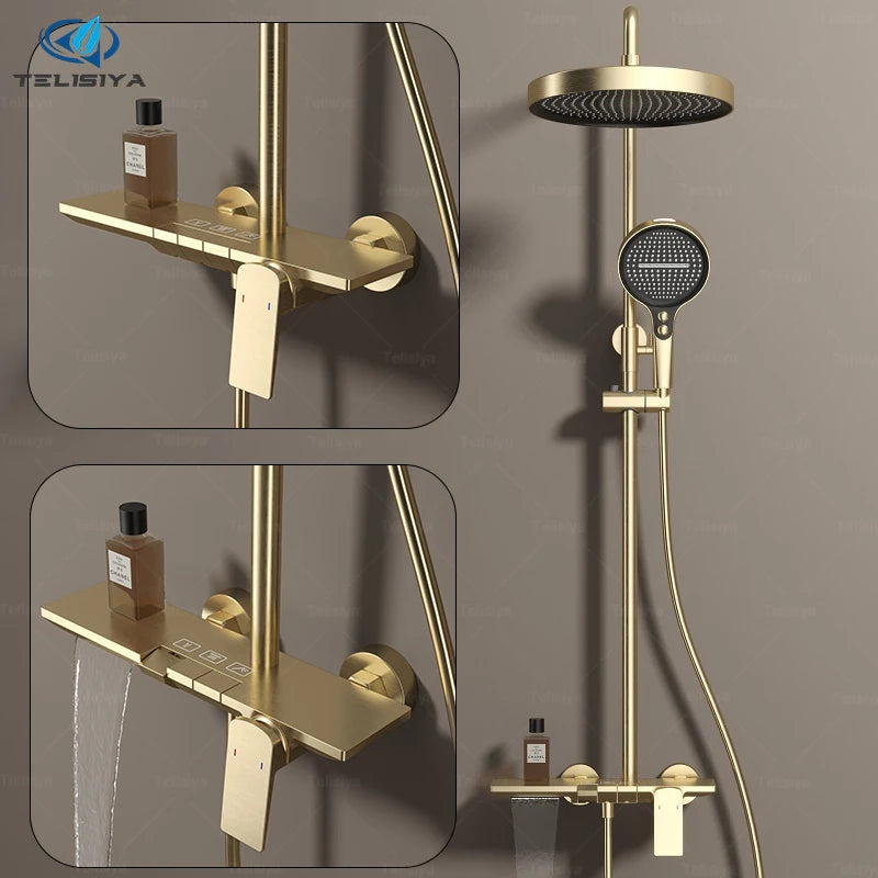 Gold Bathroom Shower Set Multifunctional Household Piano Button Rainfall Hotel Apartment Bathtub Pressurize Shower System Set