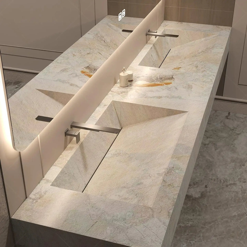 Any Size Custom Luxury Natural Stone Bathroom Vanity Set Integrated Sink Single Double Sink Stain Resistant Waterproof Durable H