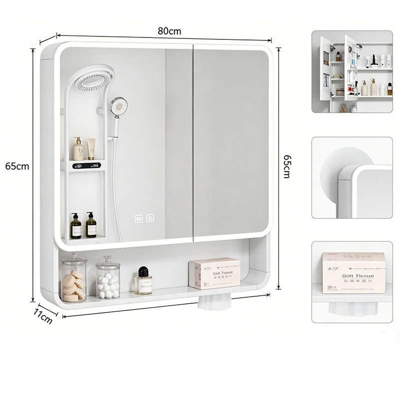 Nordic European Style LED Anti-Fog Wall Mount Smart Bathroom Mirror Cabinet