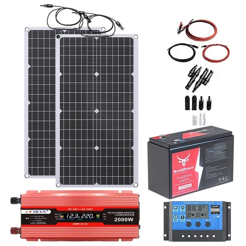 2000W Off-Grid Solar Complete Kit Power 100A Controller,110V 220V Inverter&10AH 30AH LiFePO4 Battery