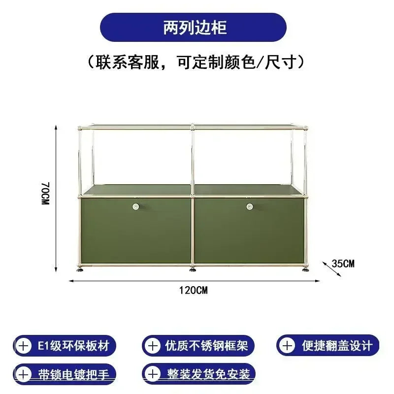 Olive Green Sideboard Storage Cabinets, Modular Combination Metal Frame for Living Room, Office