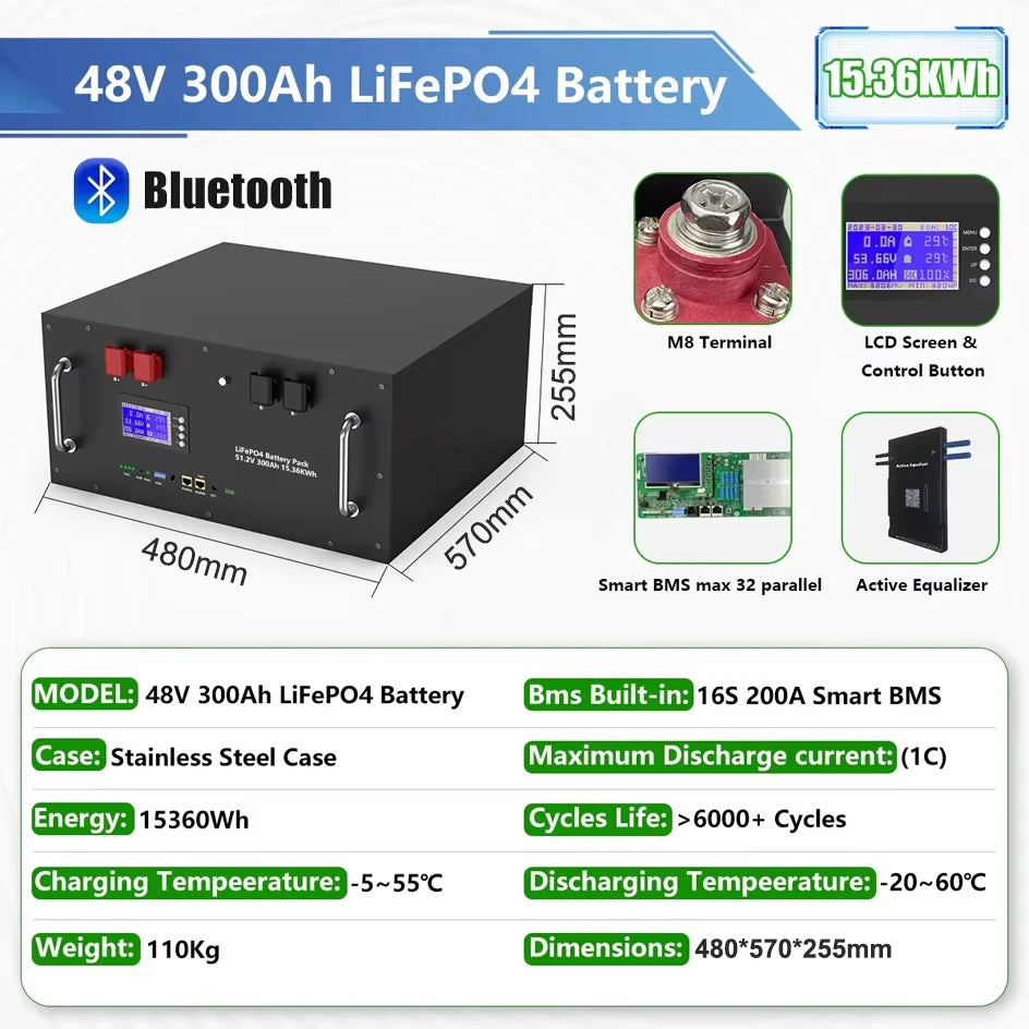 LiFePO4 48V 300Ah 15Kwh Battery 51.2V 100Ah 200Ah 120Ah 150Ah Lithium battery 6000 Cycles 48V Solar Energy Storage Akku EU STOCK
