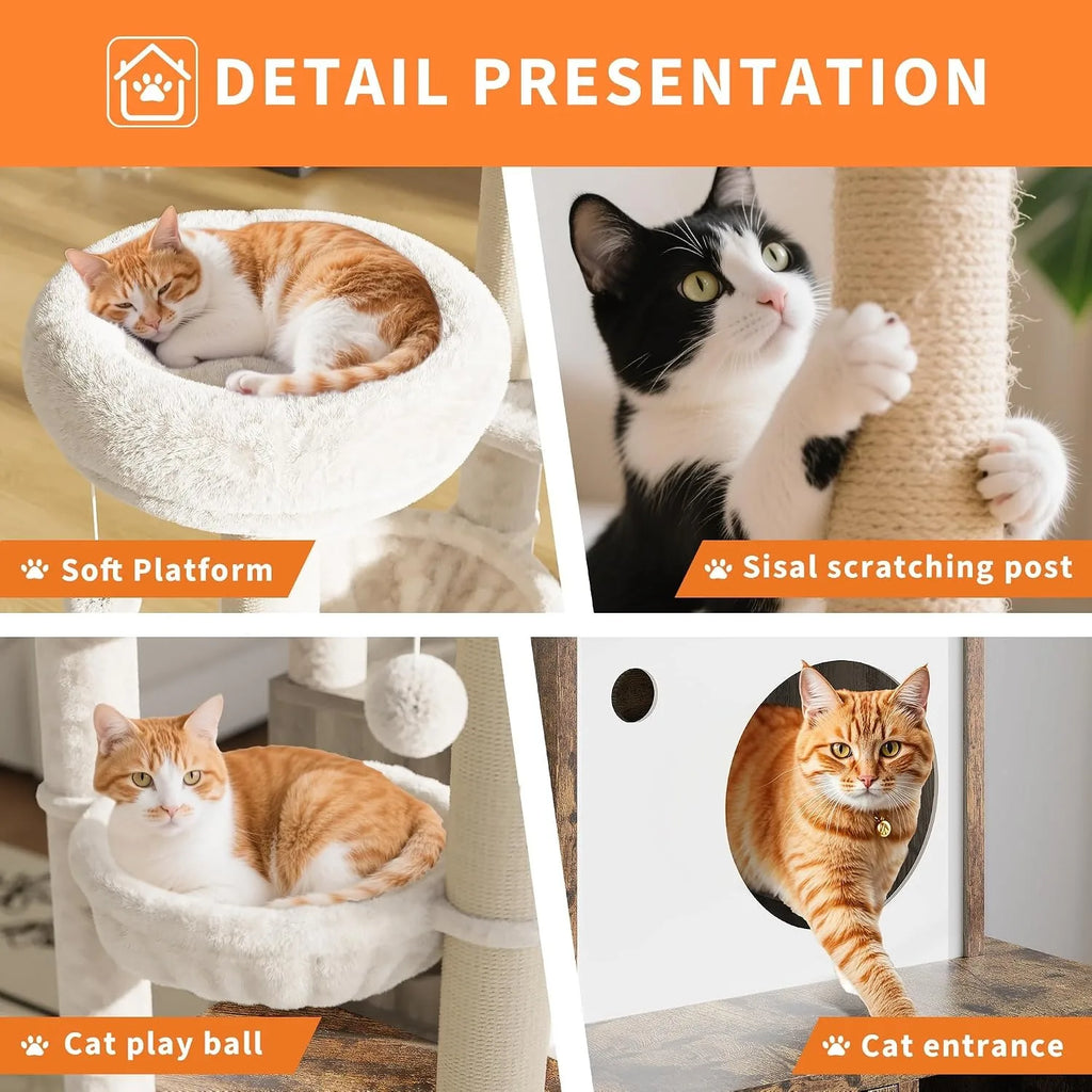 Cat Tower with Litter Box Enclosure, 2-in-1 Modern Cat Tree, 55.1-Inch Cat Condo with Scratching Posts,