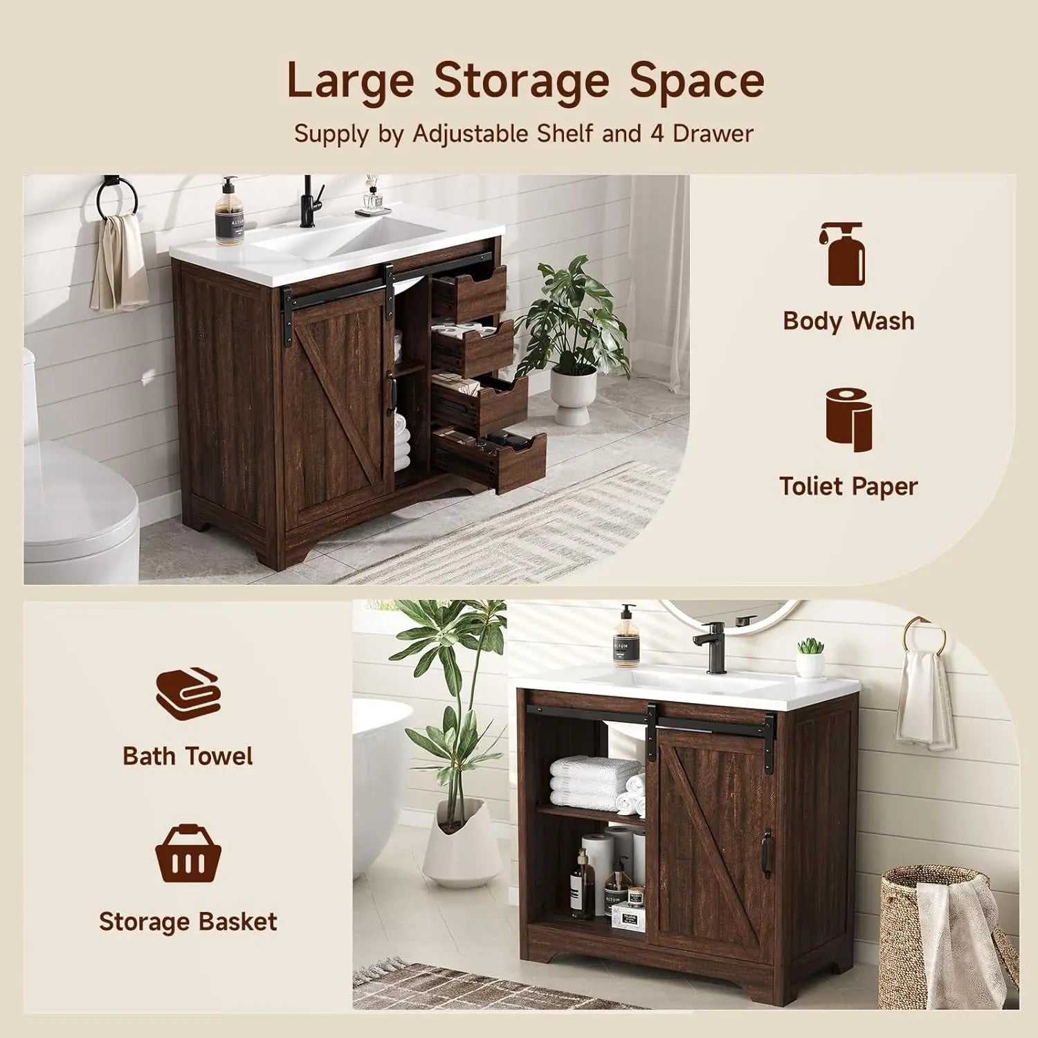 36" Bathroom Vanity with Sink Combo, Farmhouse Sliding Barn Door Bathroom Vanities w/Resin Basin & 4 Drawers,, Custom