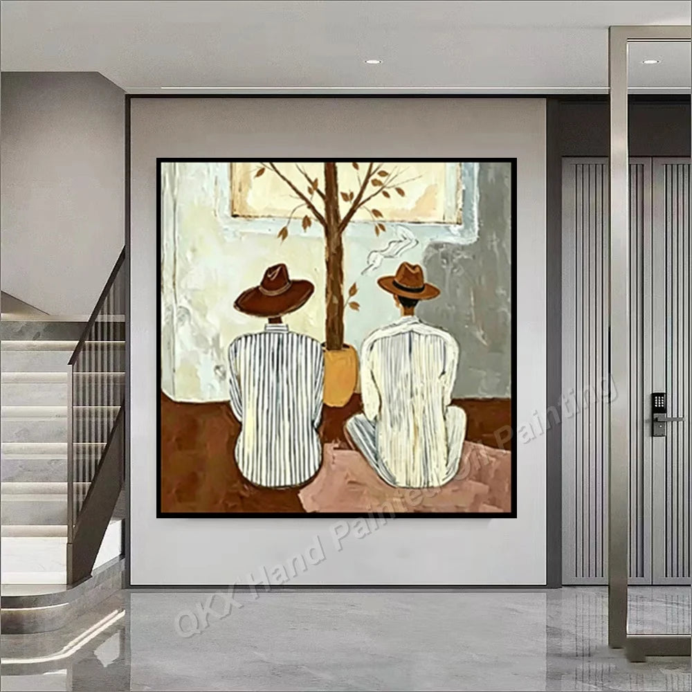 Hand-Painted Oil Painting on Canvas, Macaron Tone Striped Figure Textured Abstract Wall Painting