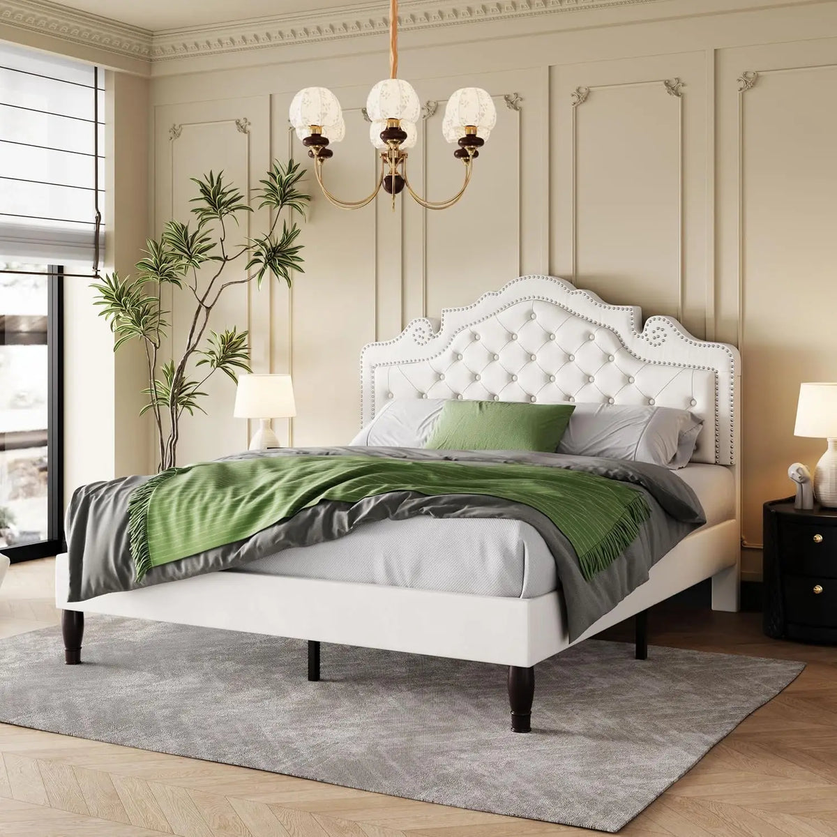 Full Size Upholstered Bed Frame Adjustable Headboard Velvet Tufted, Metal Studs, Wood Slats