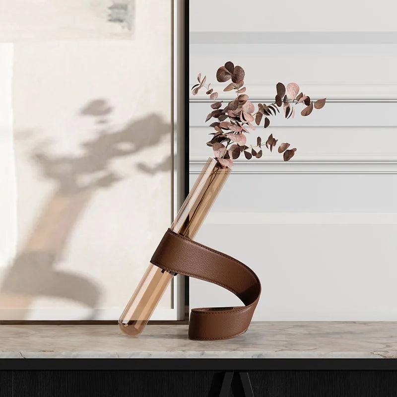 Nordic Modern Artistic Simple Glass Tubular Vases with Leather Bracket