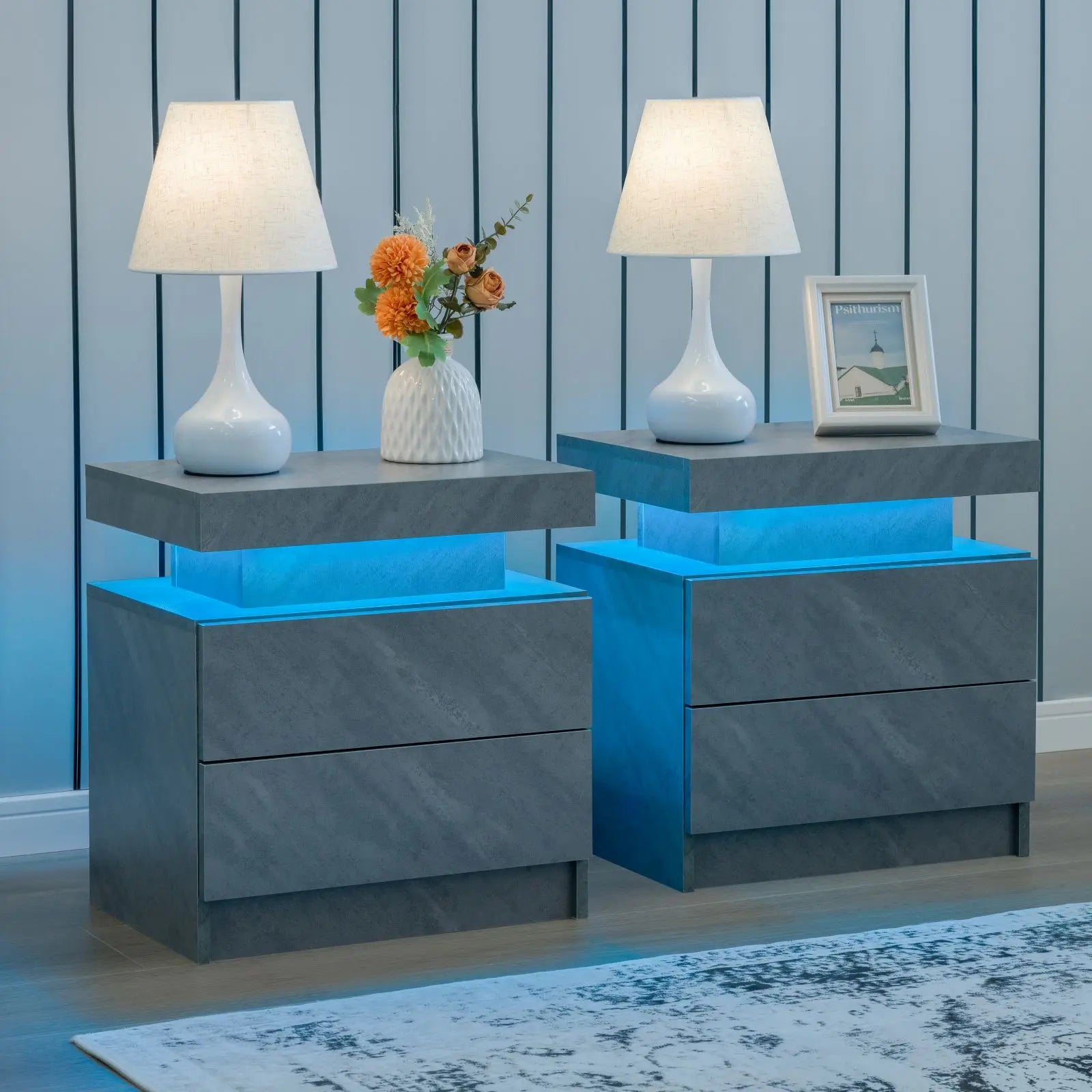 Cubehom Bedroom Nightstand Set of 2 LED Nightstand with 2 Drawers, Nightstand with LED Light