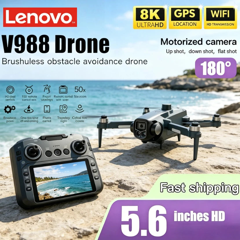 Lenovo V988 Drone Professional Foldable Drone 8K Dual HD Camera 5G WIFI FPV Quadcopter With Large Screen RC Remote Control
