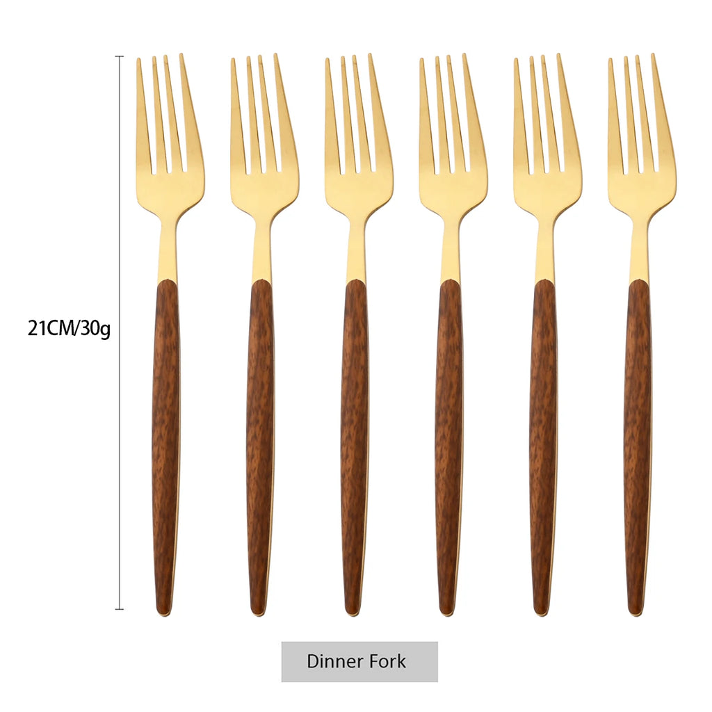6/30Pcs Imitation Wooden Handle Cutlery Set Knife Cake Fork Coffee Spoons Tableware Stainless Steel Dinnerware Western Flatware