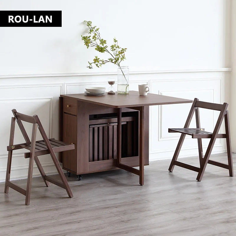Folding Dining Table and Chairs, with 2 Drawers and 4 Wheels, Space Saving Table
