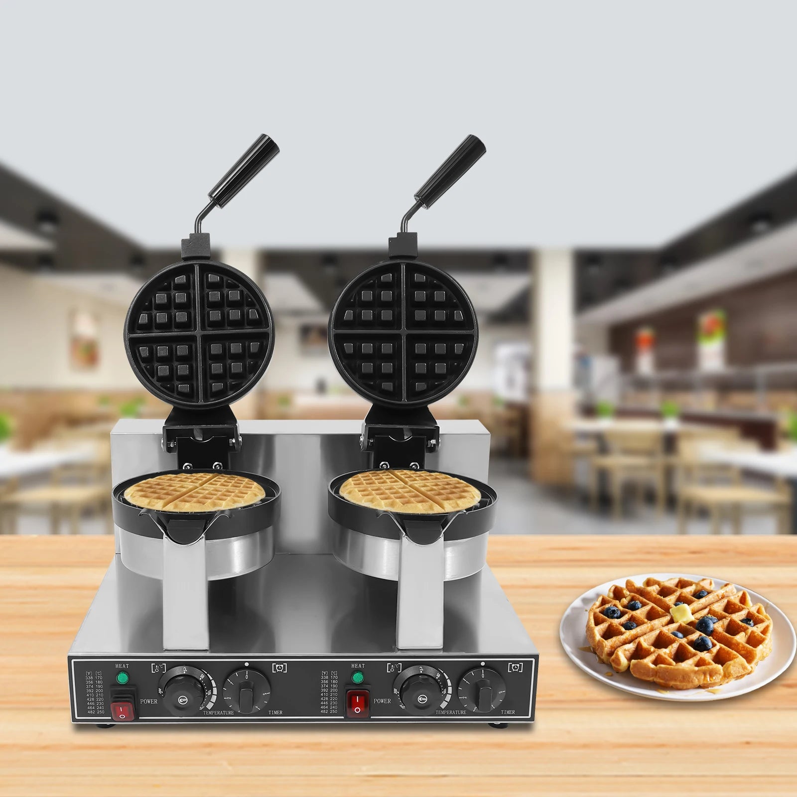 Silver 201 Stainless Steel Waffle Maker,110V Double Head Waffle Maker Machine Tabletop 50*39*30cm for Home,Dessert Stores