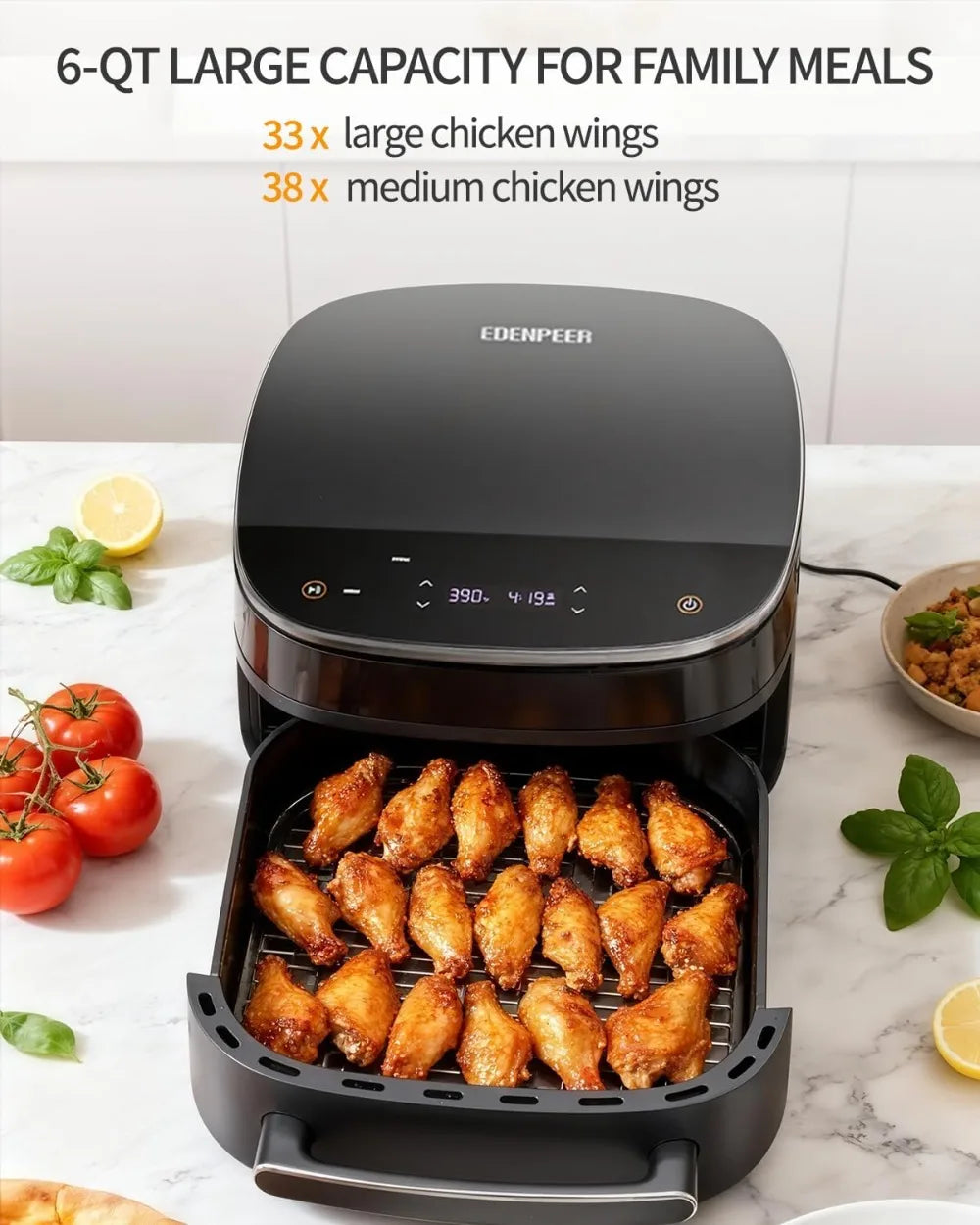 6QT Air Fryer 11-in-1, Fast Cooking with Top & Bottom Heat, No Flip, Quiet 50dB, Family Size Digital, Fits 12" Pizza or Steaks