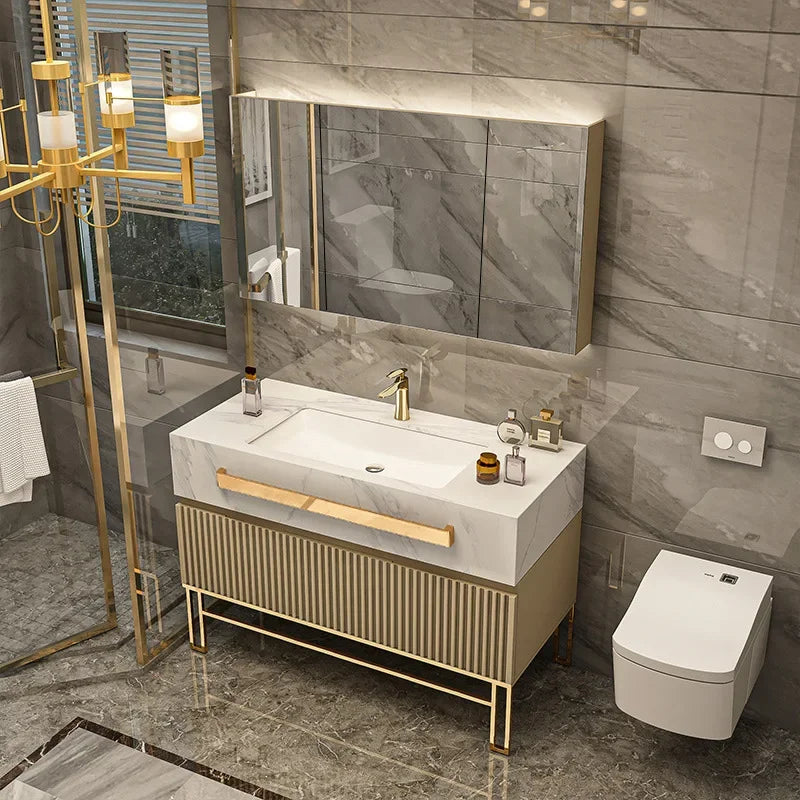 Luxury Bathroom Vanity with Single/Double Slab Ceramic Sink Bathrooms Vanity Smart LED Light Cabinet Sink Bathroom Furniture Set