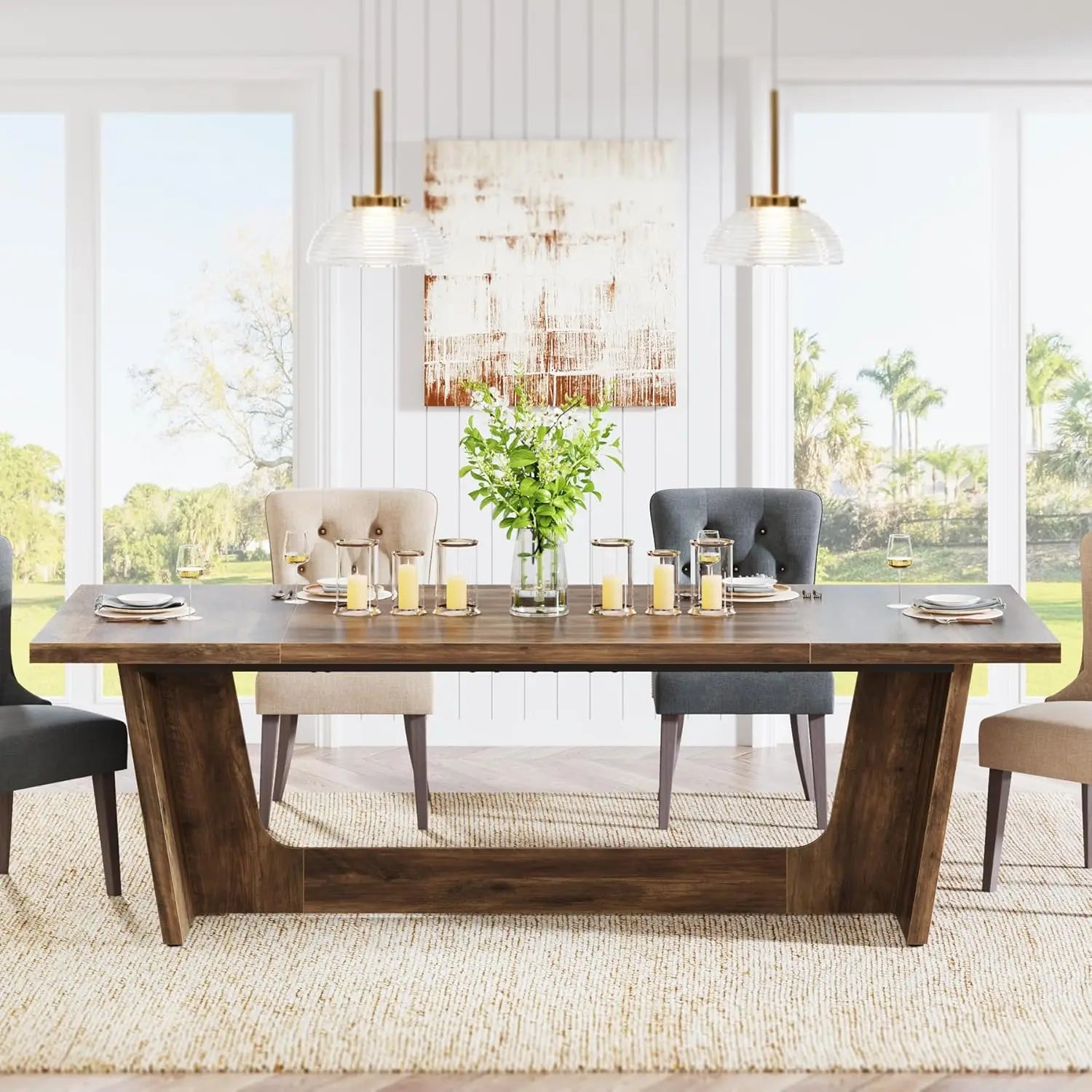 70.87 Inch Dining Table, Large Wooden Dining Table for 6-8 People, Rectangular Farmhouse Kitchen Dining Table with Sturdy Base