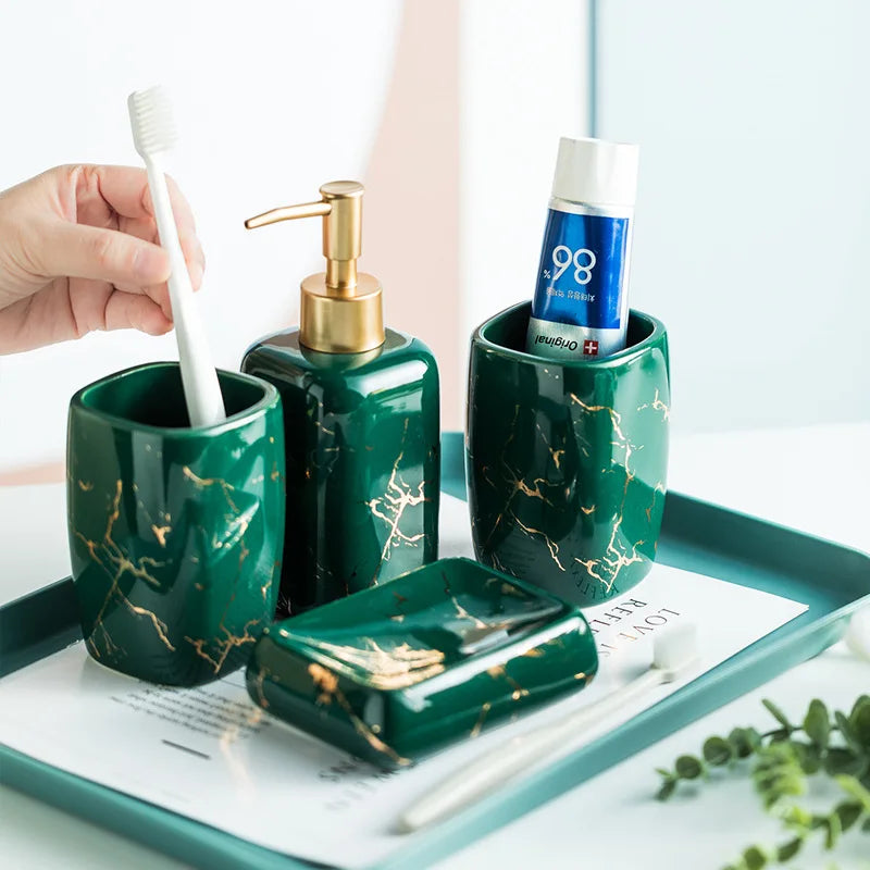 Nordic Matte Golden Ceramics Bathroom Toiletries Set  Toiletries Cup Soap Dish Soap Dispenser Toothbrush Holder Tumbler