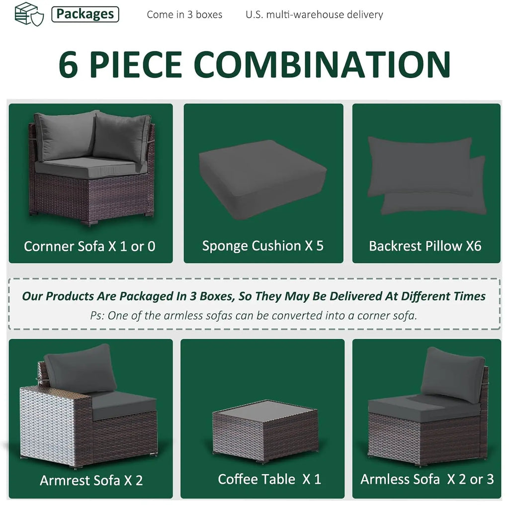 6 PCS Outdoor Patio Rattan Wicker Sectional Sofa Set with Coffee Table & Thickened Cushions,