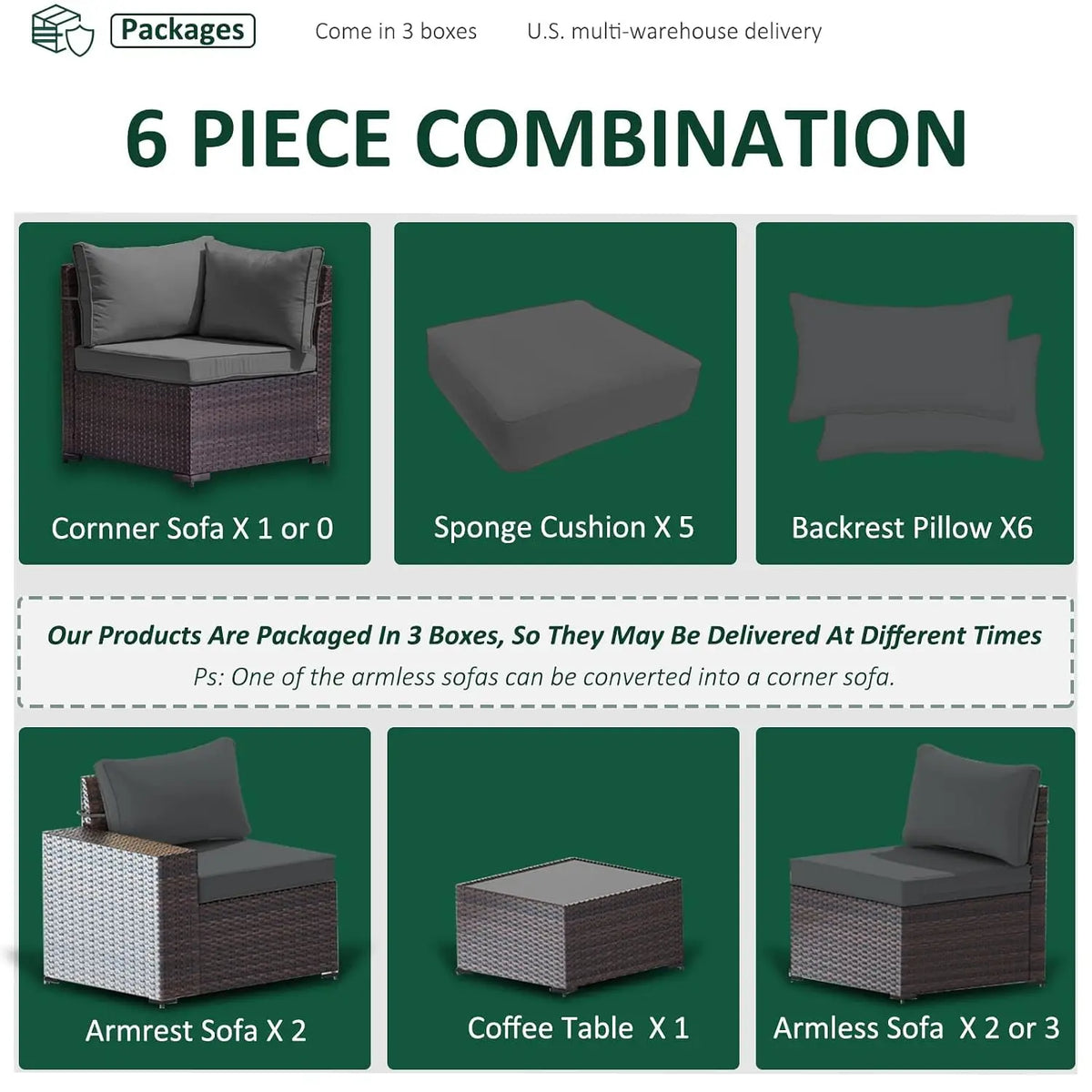 6 PCS Outdoor Patio Rattan Wicker Sectional Sofa Set with Coffee Table & Thickened Cushions,