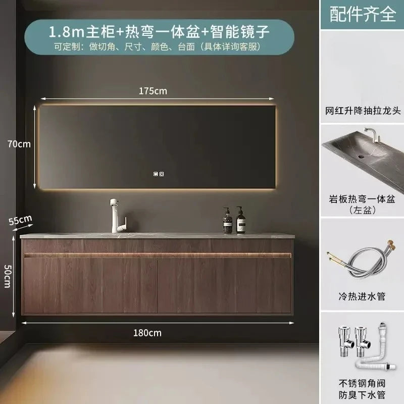 Light Luxury Vanity, Modern Solid Wood Bathroom Sink Cabinet, Rock Slab Integrated Washbasin