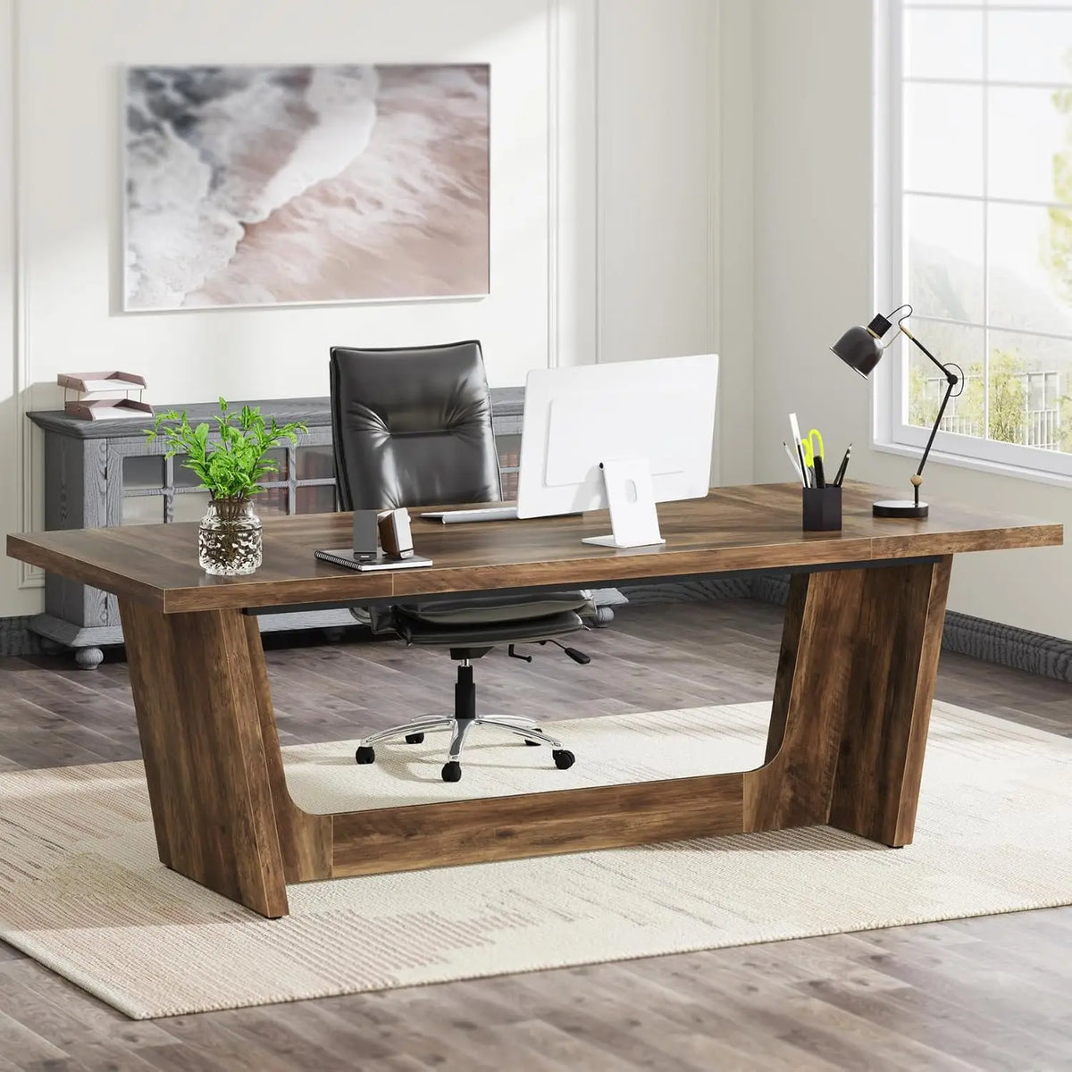 Large Walnut Executive Desk with Wooden Pedestal