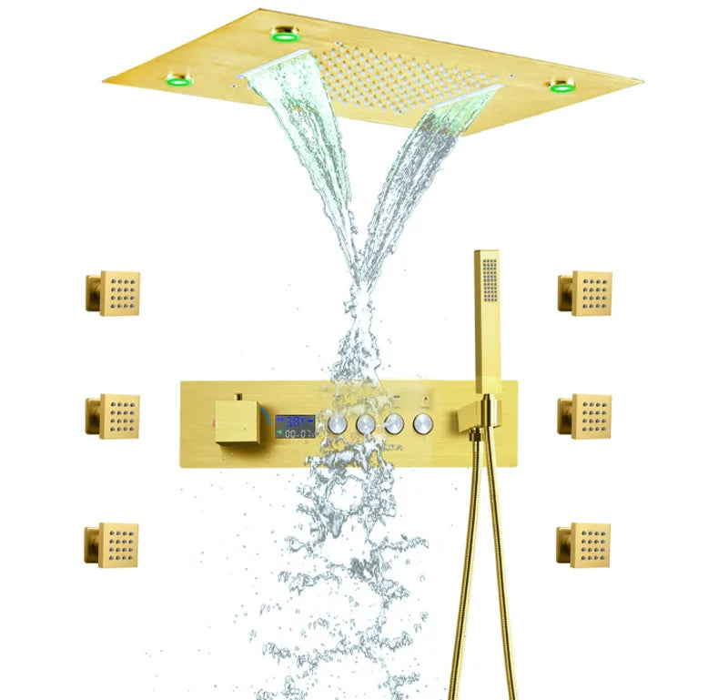Concealed Brass Shower, LED Thermostatic digital display, showerheads set into the Wall, concealed showerhead in ceiling