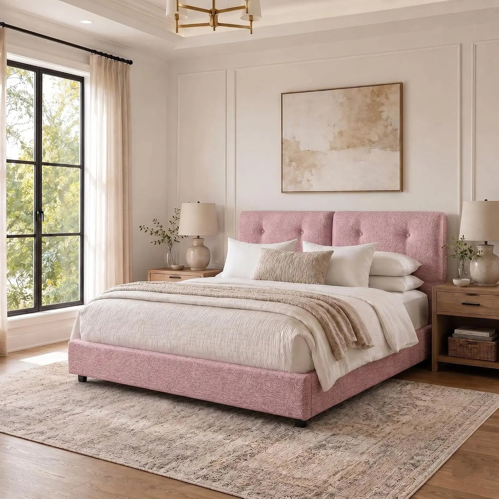 Bed Frame Queen Size, Boucle Upholstered Bed Frame with Headboard, No Box Spring Needed