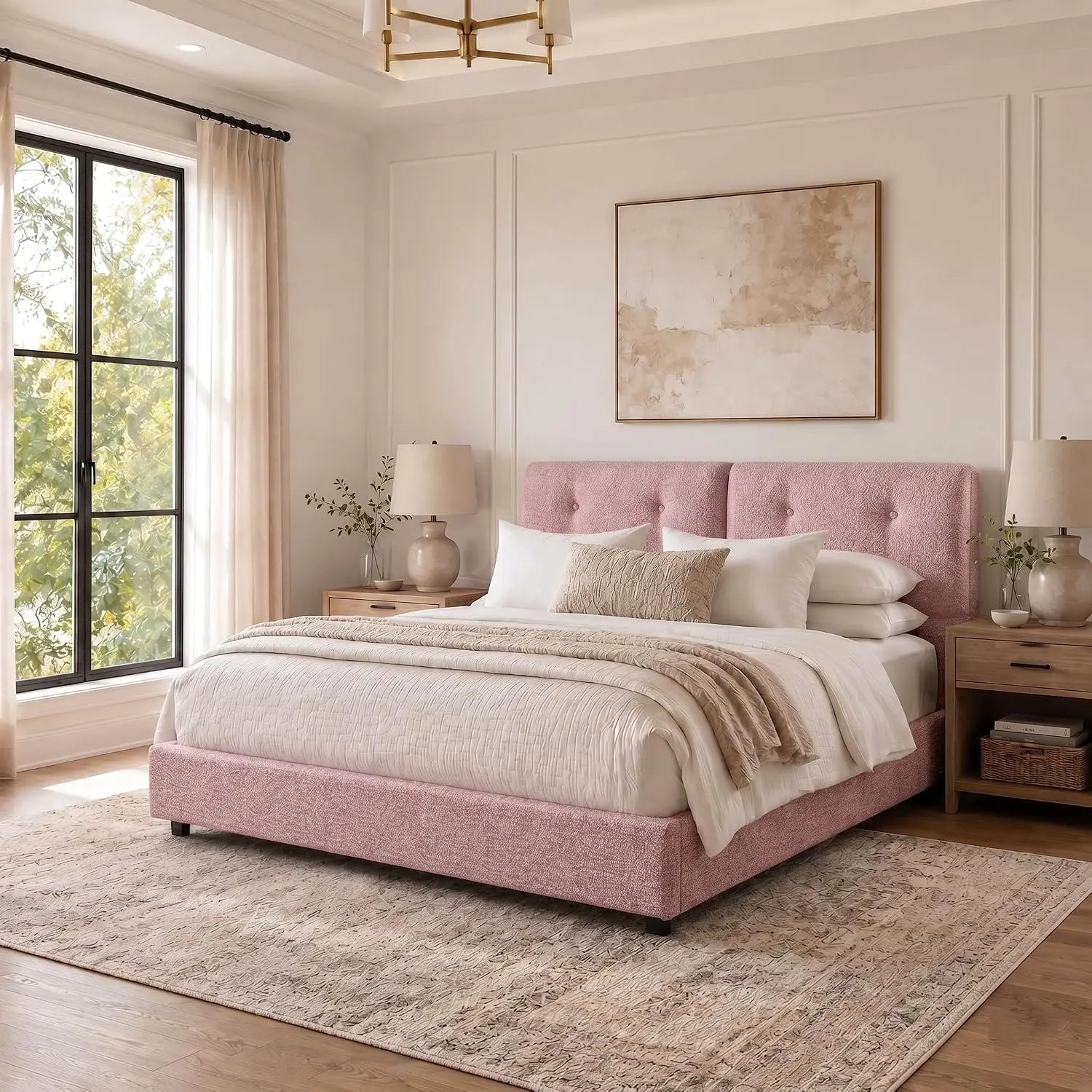 Bed Frame Queen Size, Boucle Upholstered Bed Frame with Headboard, No Box Spring Needed