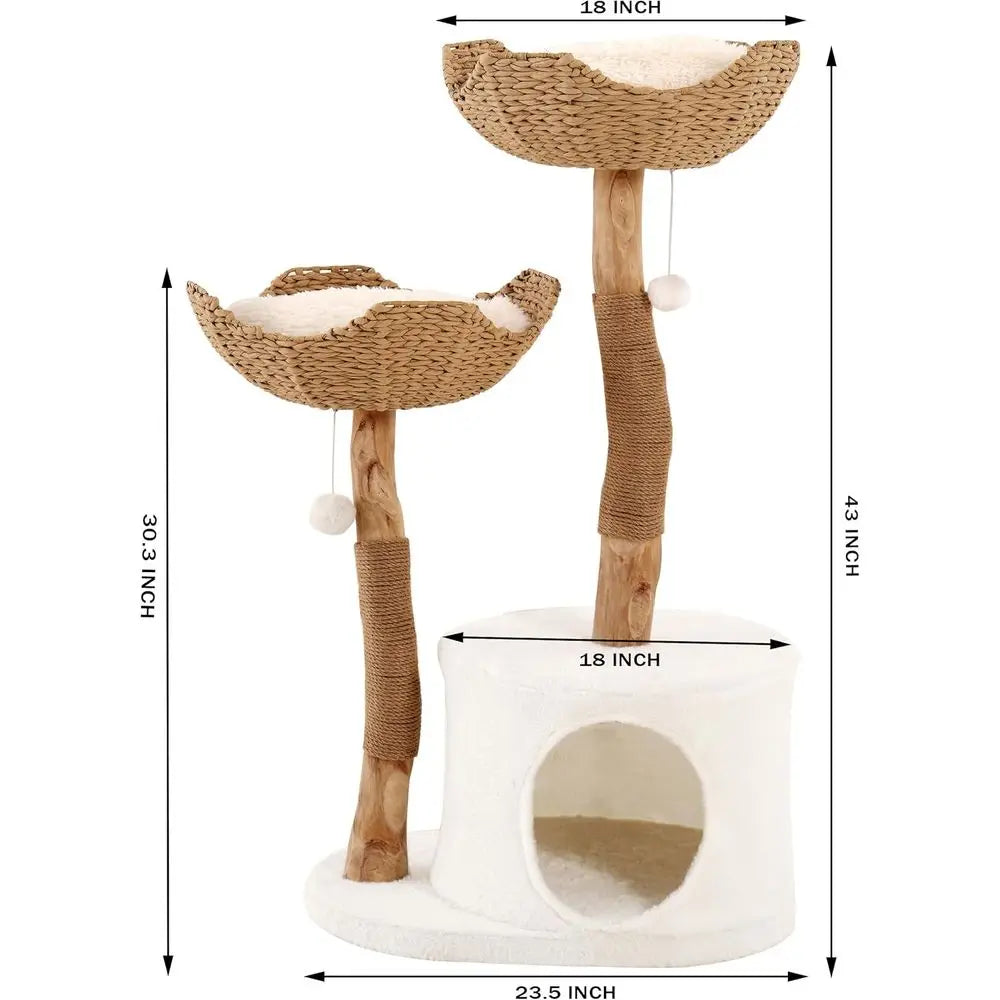 Modern Cat Tree Tower – Wooden Cat Condo with Dangling Ball, Cozy Baskets, Scratching Posts, for Large Indoor Cats, Solid Wood A
