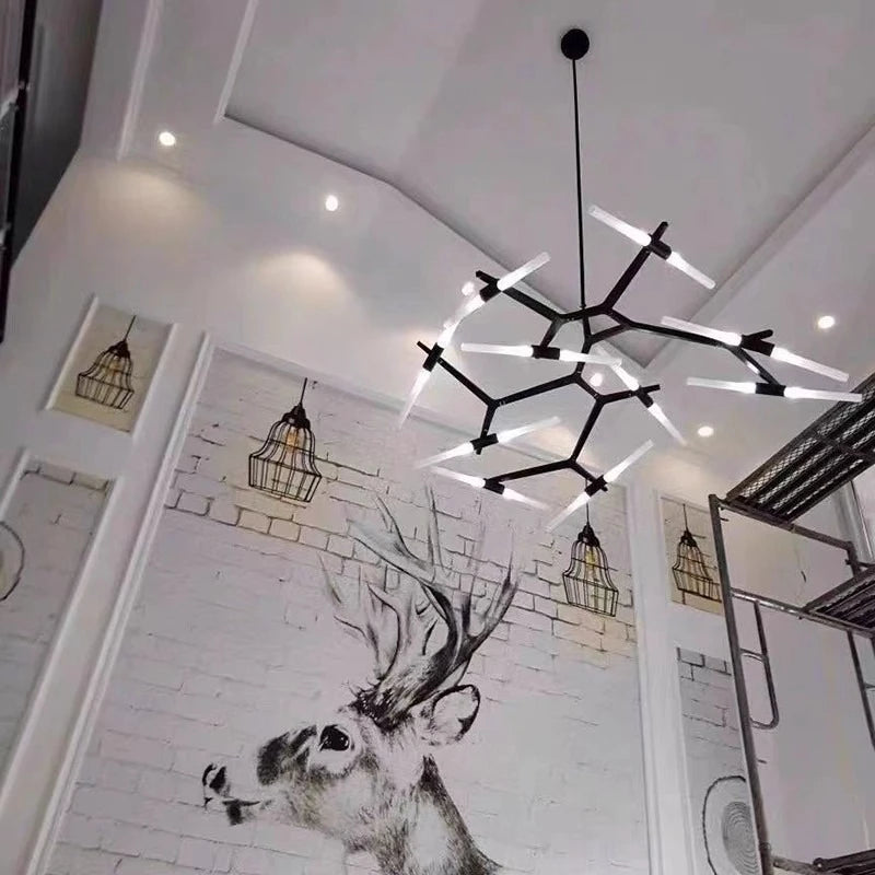Nordic Postmodern Restaurant Chandelier Living Room Light Frosted Glass Black Gold Herringbone Branch Light