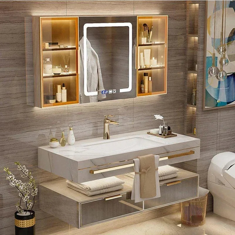 Modern Slate Bathroom Cabinet with Smart Mirror, Ceramic Double Washbasin Bathroom Vanity, Cabinets Under Sink