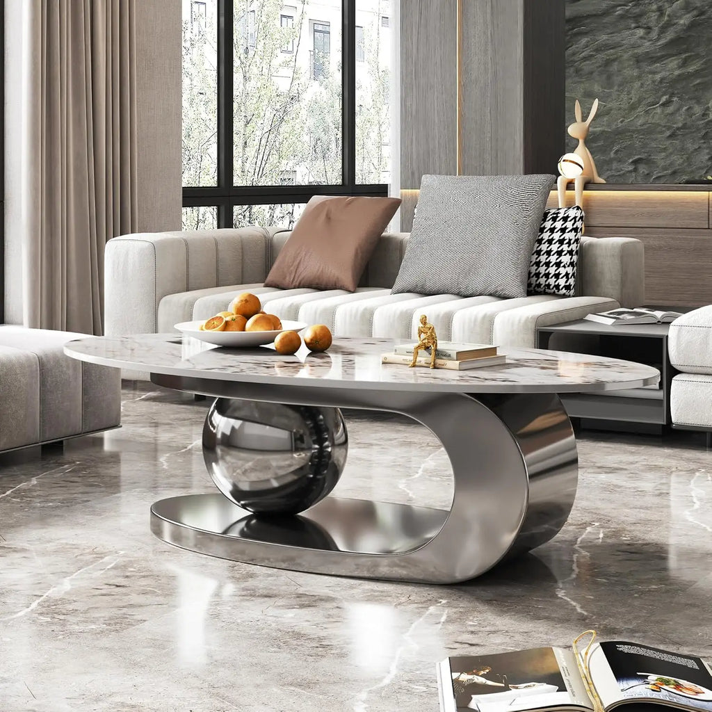 Modern Coffee Table with Silver Stainless Steel Pedestal, Oval Living Room Table with Faux Marble Top