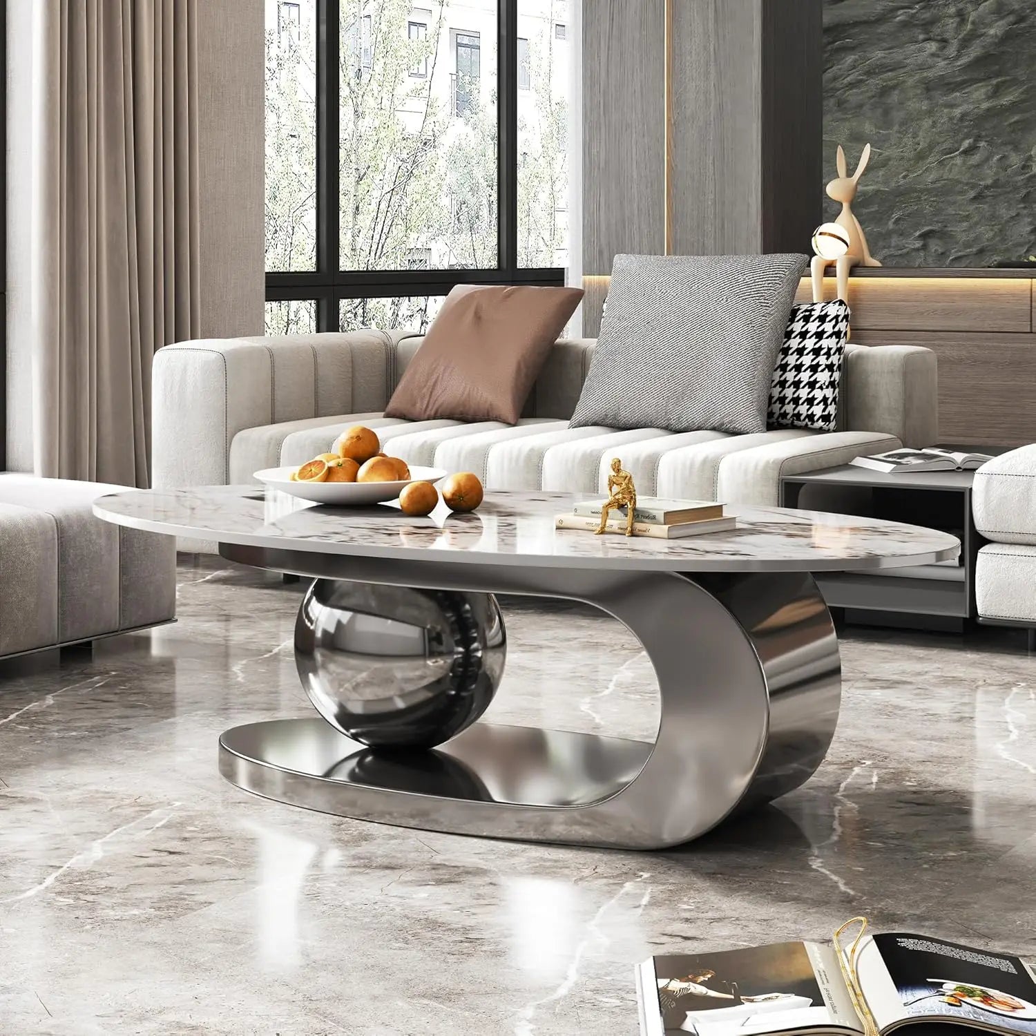 Modern Coffee Table with Silver Stainless Steel Pedestal, Oval Living Room Table with Faux Marble Top