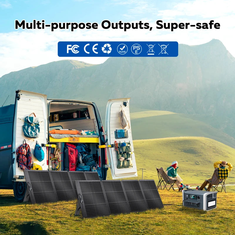 Camping Portable Power Station Solar Generator 1000W 2000W Lifepo4 Battery 220V AC Outlets Power Flexible Solar Panel Equipment