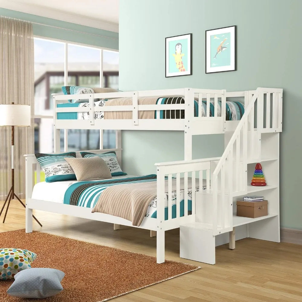 Twin Over Full Bunk Bed with Stairs & Storage Shelves, Solid Wood, White