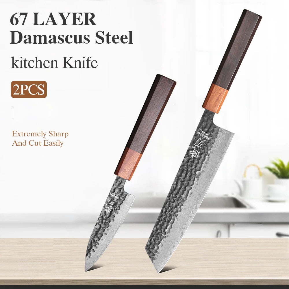 1PC-3PCS Professional Kitchen Knives Set Japanese Handmade 67 Layer Damascus Steel Kiritsuke Chef Knife Santoku Paring Knife