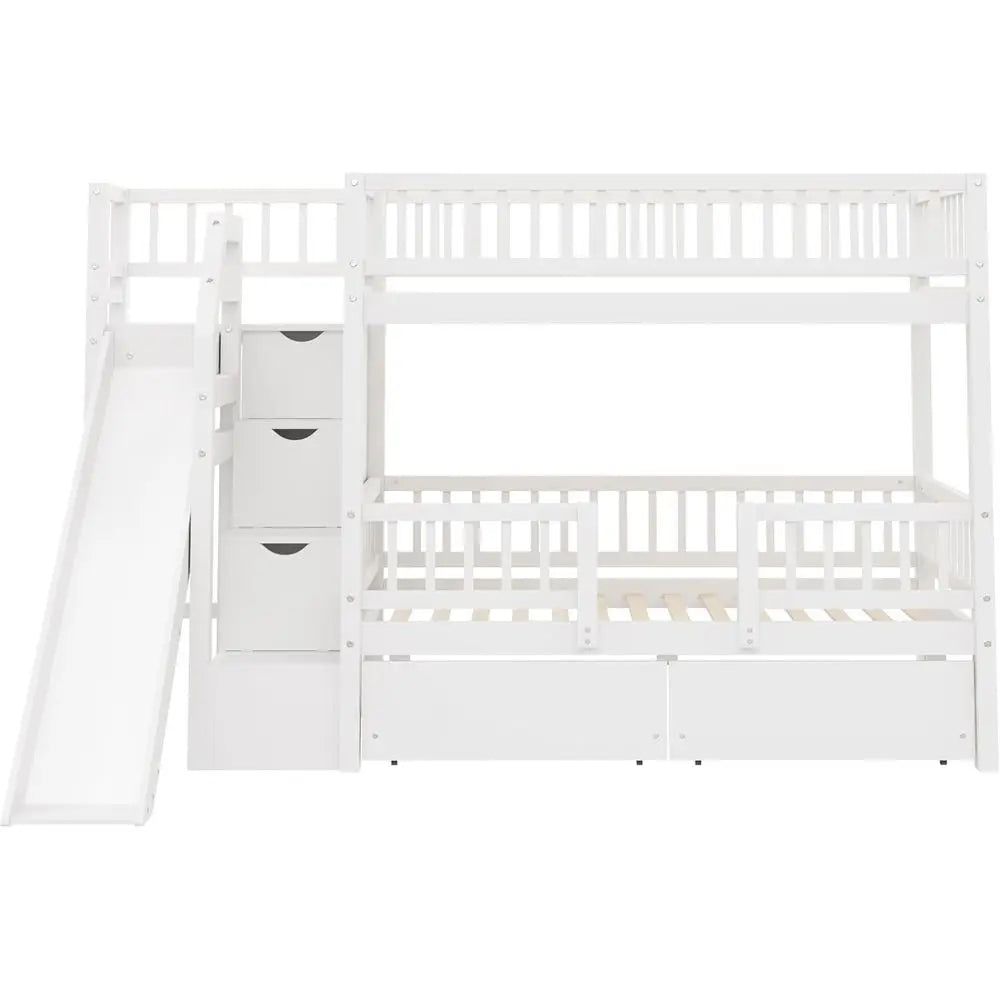 RUNNA Twin Over Twin Bunk Bed with Slide, Storage Drawers & Staircase, Solid Pine Wood, No Box Spring Needed,