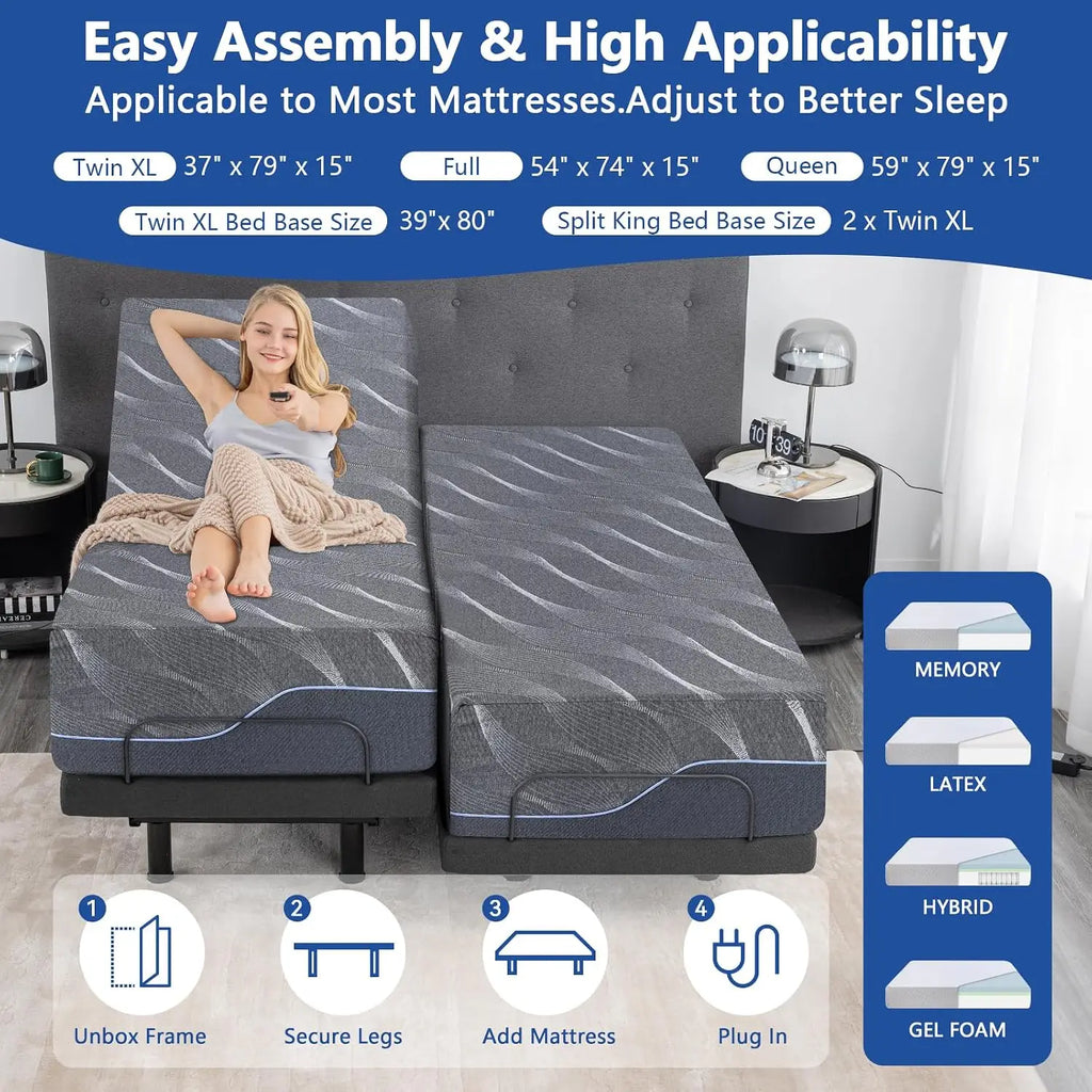 Adjustable Bed Frame with Massage, 14 Inch Gel Memory Foam Mattress,