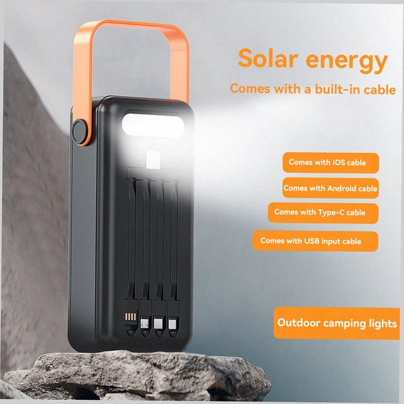 200000mAh Solar Panel Power Bank Fast charging Power Station with Four Wire External Battery Pack with Flashlight For Outdoors