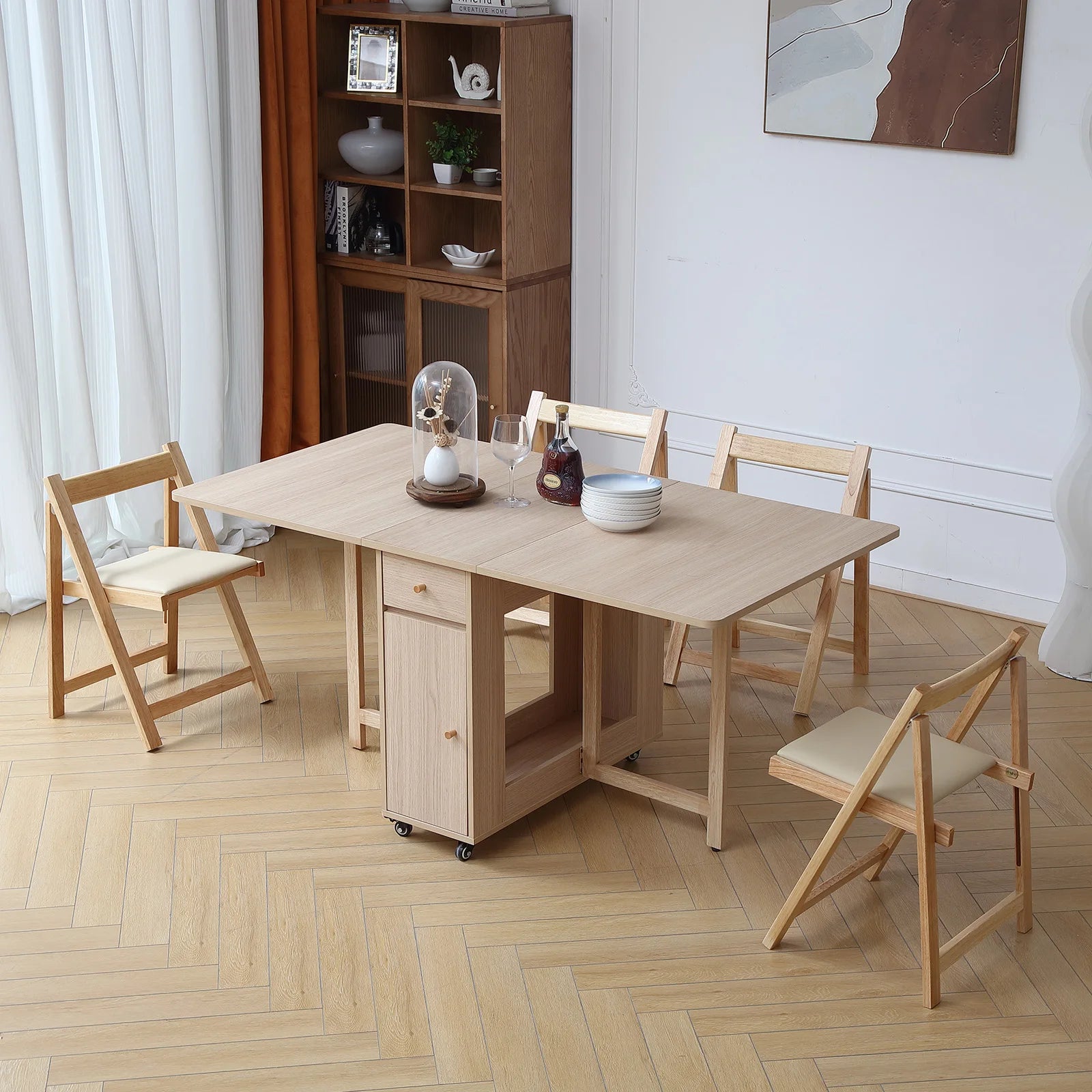 Extendable Drop Leaf Folding Dining Table with 2 Drawers and 4 Wheels and Chairs
