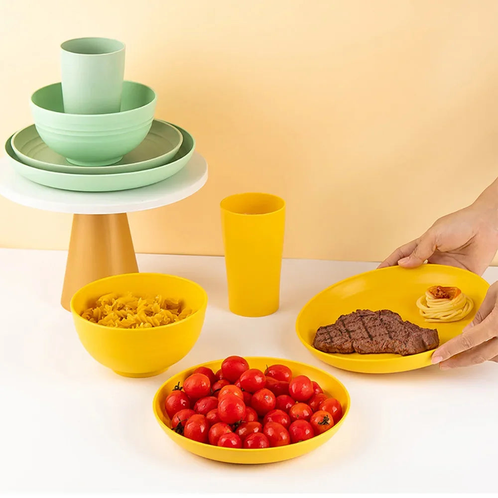 4/16Pcs Black Plastic Set Reusable Plates, Bowl, Cups 4 Sets for Kitchen Outdoor Camping
