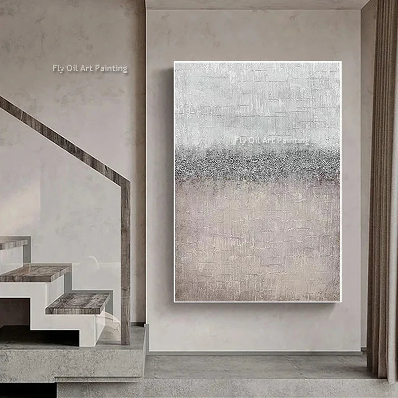 Gray Abstract Wall Art On Canvas Handpainted Brown And White Thick Oil Painting