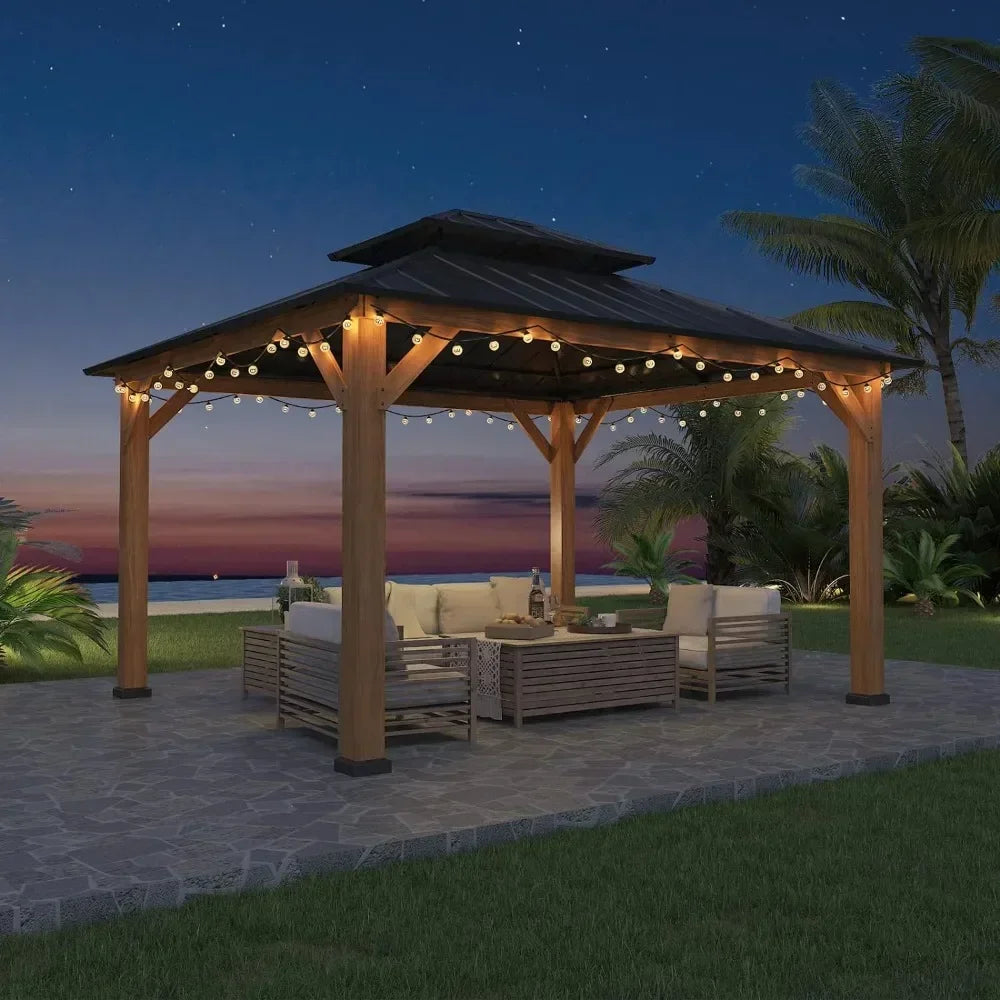 11x13 Outdoor Cedar Wood Frame Pavilion with Galvanized Steel Double Roof,