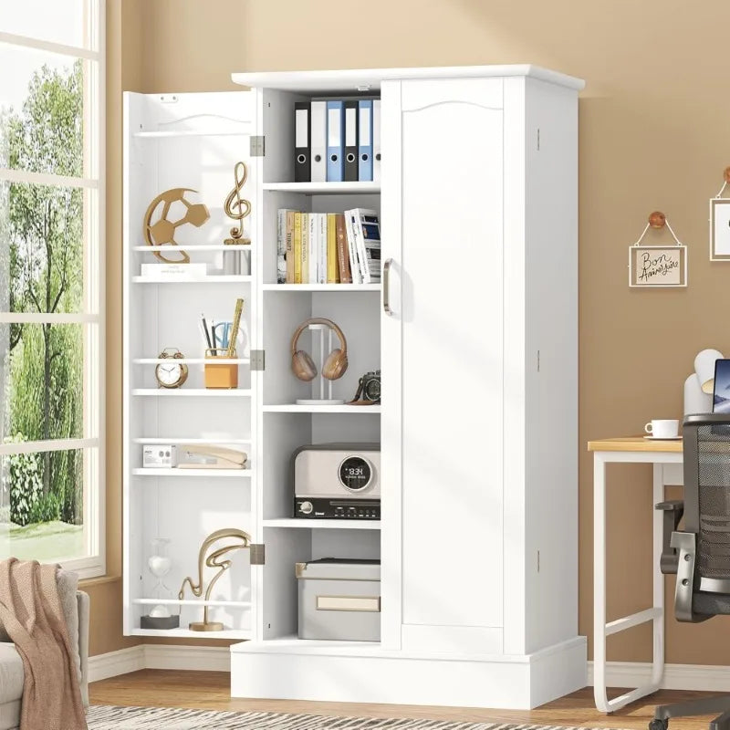 Freestanding Pantry Cabinet with Adjustable Shelves and Doors for Kitchen Dining Room White Storage Cupboard