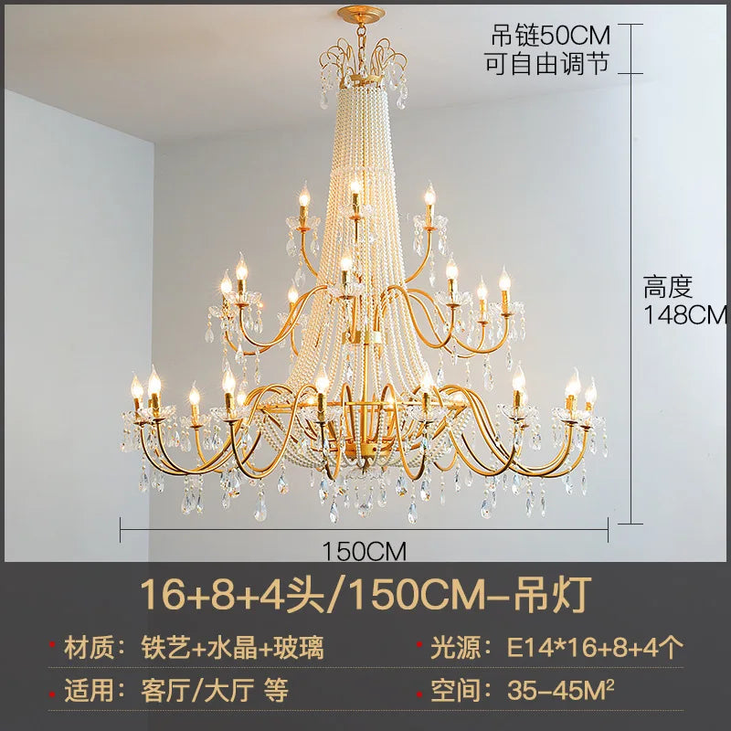 American Crystal Lamp French Retro Style Pearl Chandelier Middle Villa for Living Room Dining Room Bedroom Duplex Chandelier