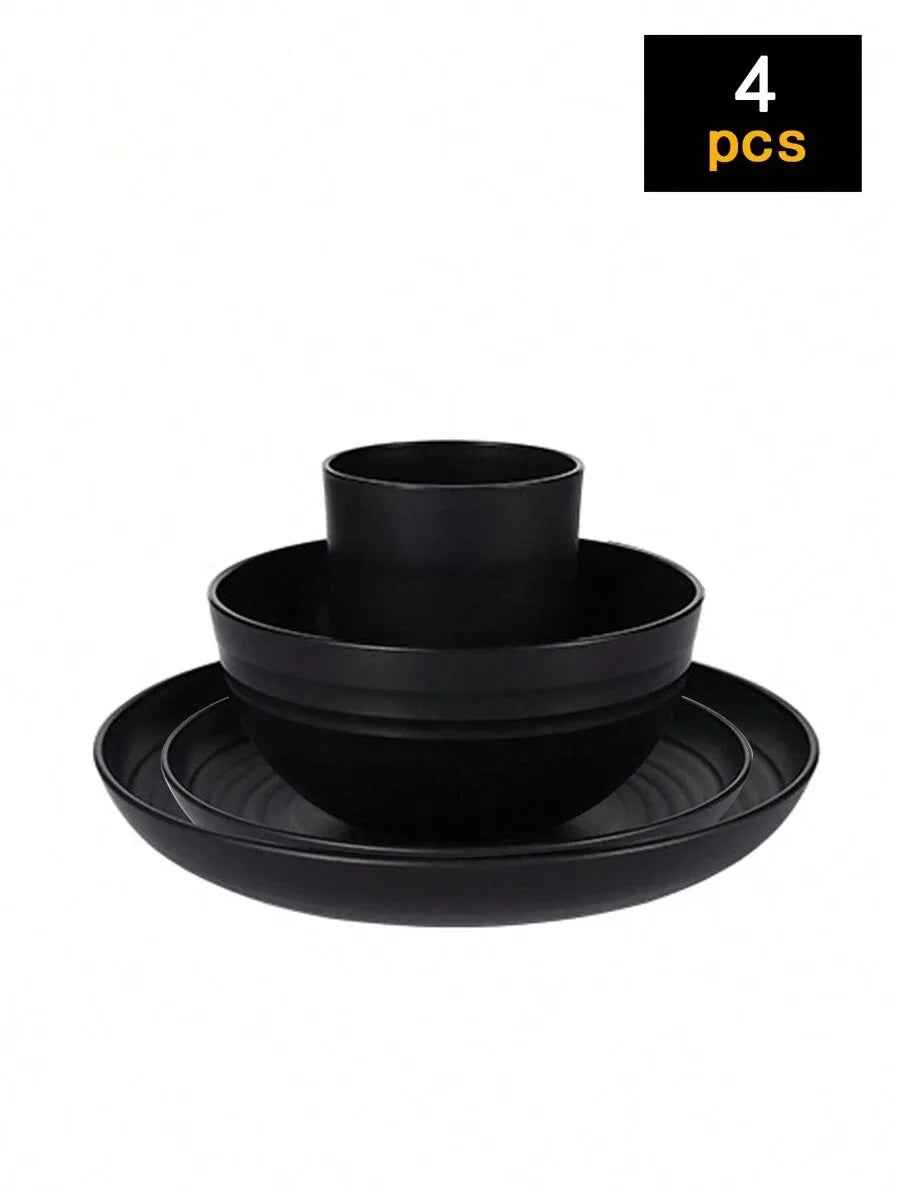 4/16/24pcs Reusable plastic tableware set, including plates, bowls and cups.