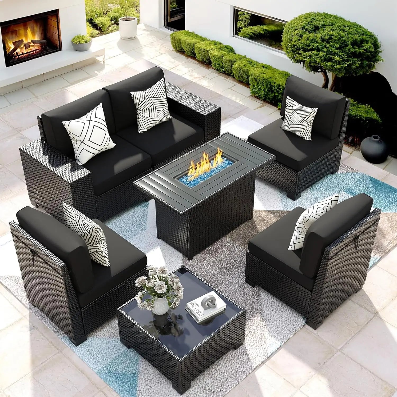 Patio Furniture Set with Fire Pit Table, 7 Piece Outdoor Sectional Conversation Sets Wicker Rattan Sectional Sofa,