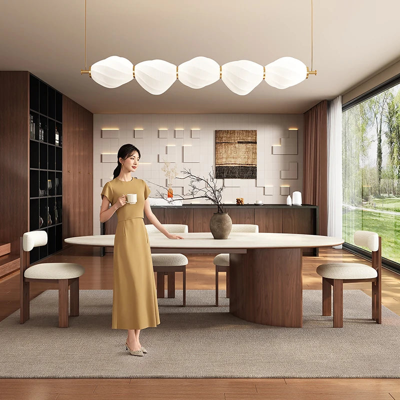 Any Size Custom Beige Travertine Oval Dining Table With Walnut Base