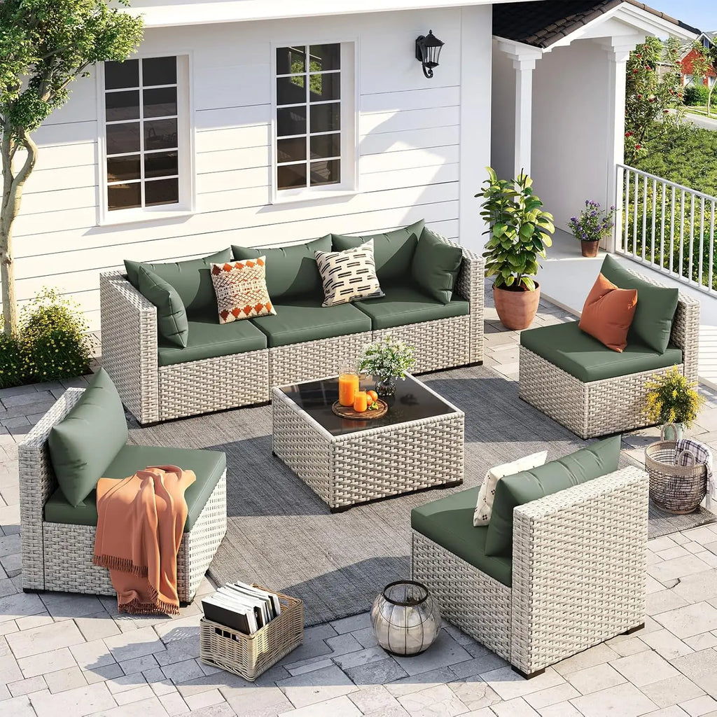 Outdoor Patio Furniture Set, 7 Pcs PE Wicker Sectional Sofa with Tea Table,